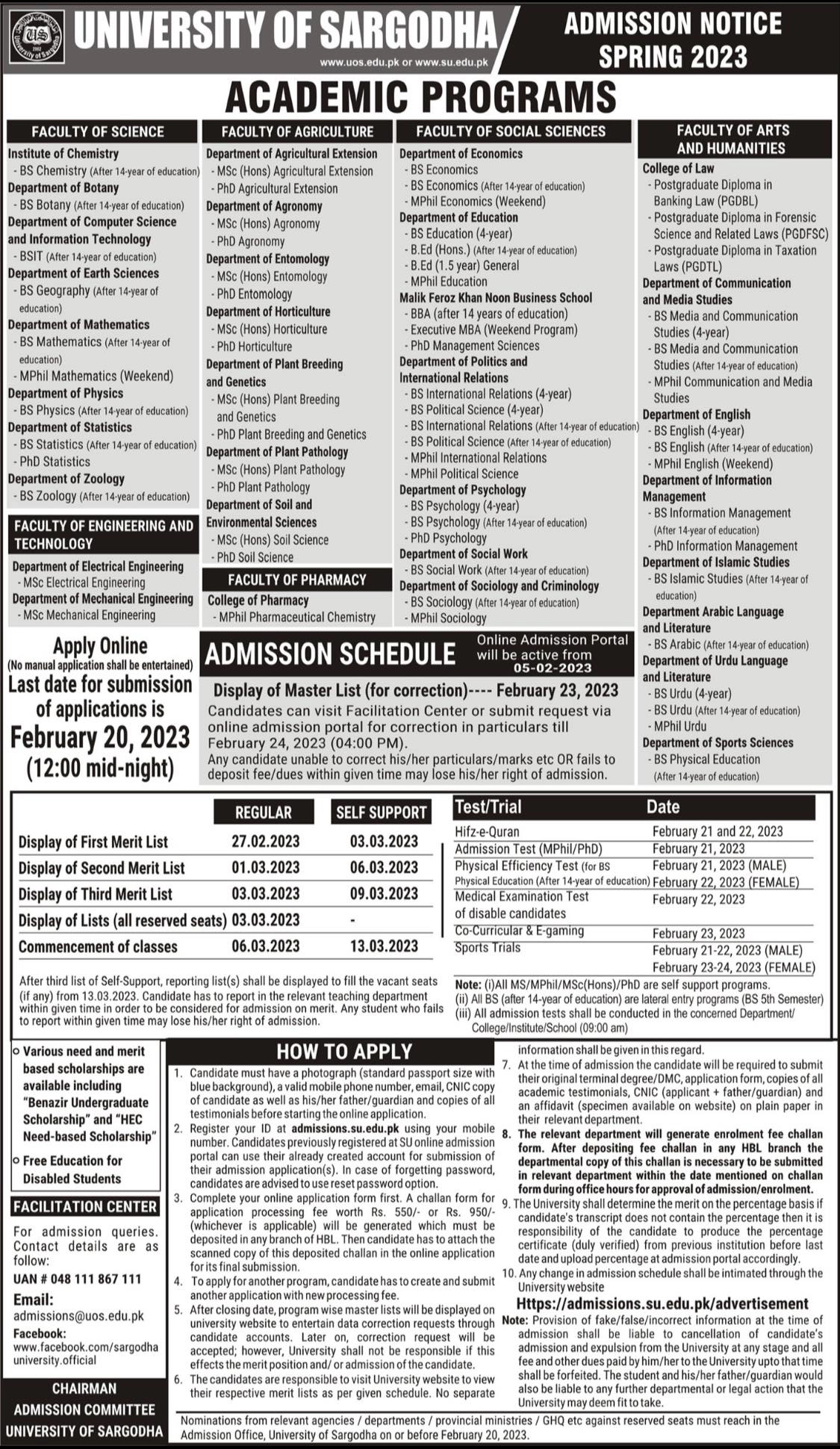 University of Sargodha Spring admissions 2023