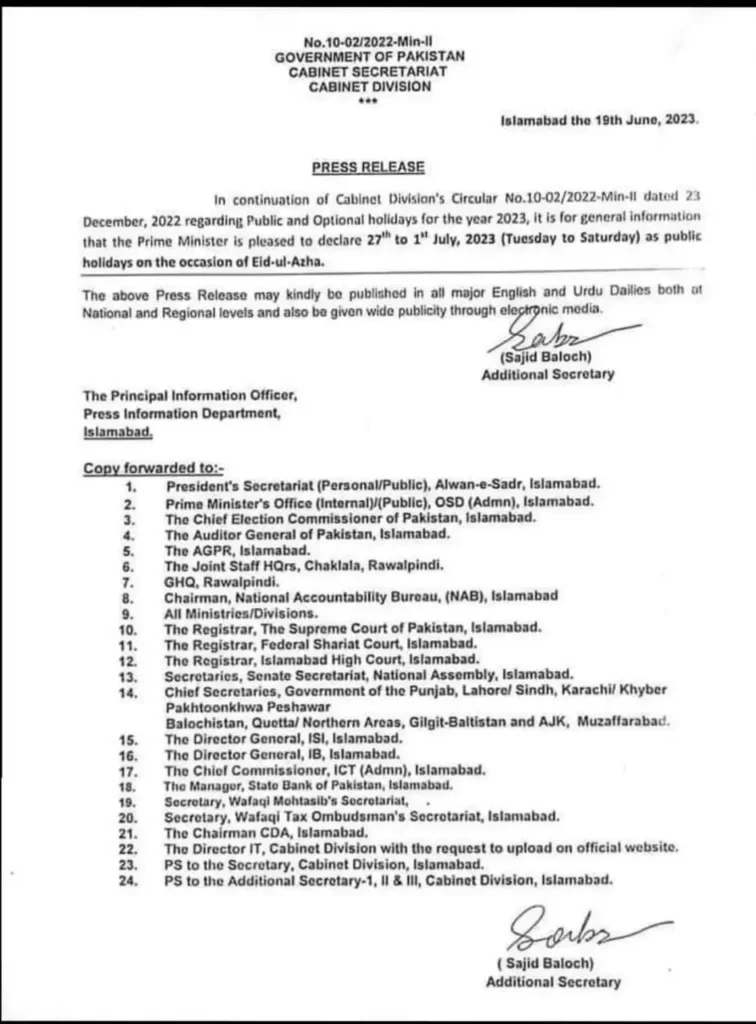 Government of Pakistan Bakra Eid notification 2023