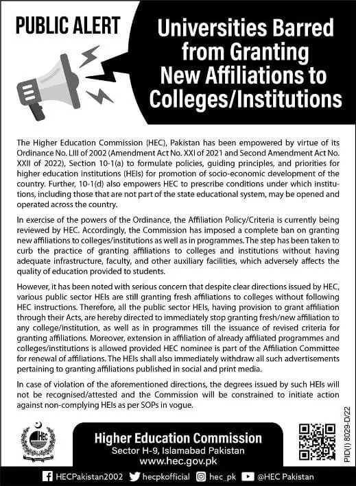 Universities stopped from granting NOCs and affiliations to new institutions