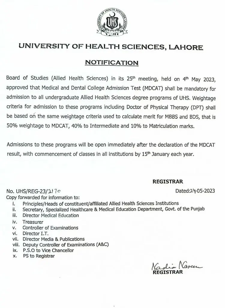 MDCAT Mandatory for DPT and Allied Health Sciences Admissions